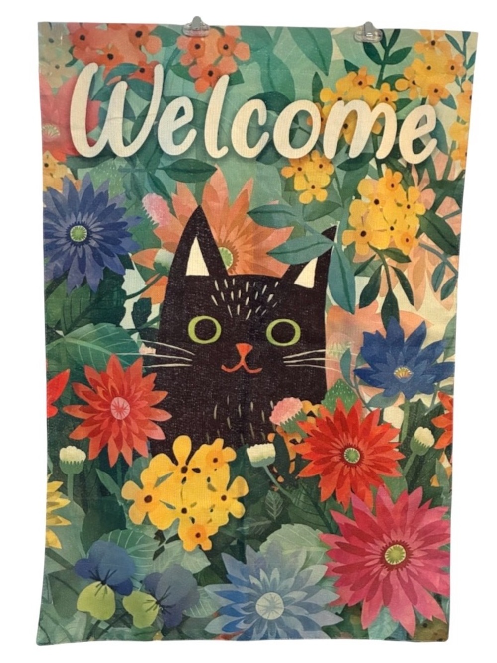 Large House Flag Black Cat Double Sided 26.5X 38 Colorful Flowers Fade Resistant